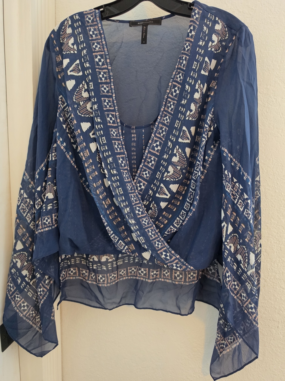 BCBGMaxAzria Navy Blue Printed Wrap Blouse